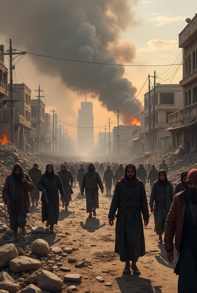 A war-torn landscape in Palestine, with devastated buildings reduced to rubble. Smoke and fire rise in the background, darkening the sky. In the foreground, people are fleeing, carrying their belongings, while others are wounded and seeking help. The faces of the people show despair, fear, and sorrow. The atmosphere is chaotic, with debris scattered everywhere and destroyed infrastructure. The overall scene should convey a deep sense of trage