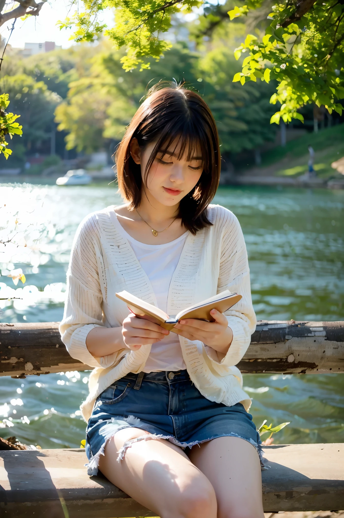 Girl reading a book by the lake, Bright colors, spring, Willow Branch, comforting, warm sunlight