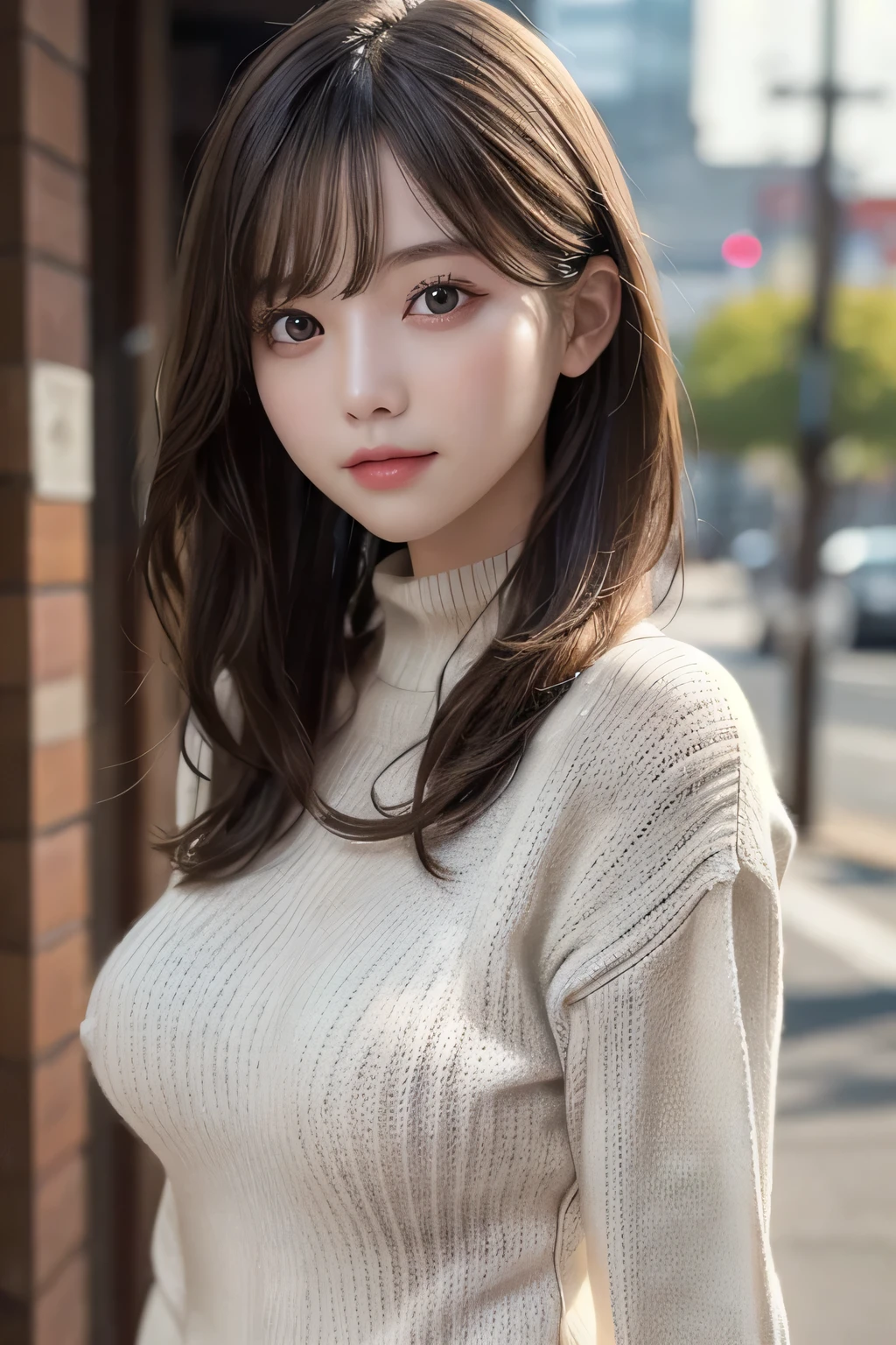 1girl, etv1,best quality,HDR,UHD,8K,realistic,upper body,facing_viewer,Middle Breasts, Slim Body,(knit sweater:1.2)
