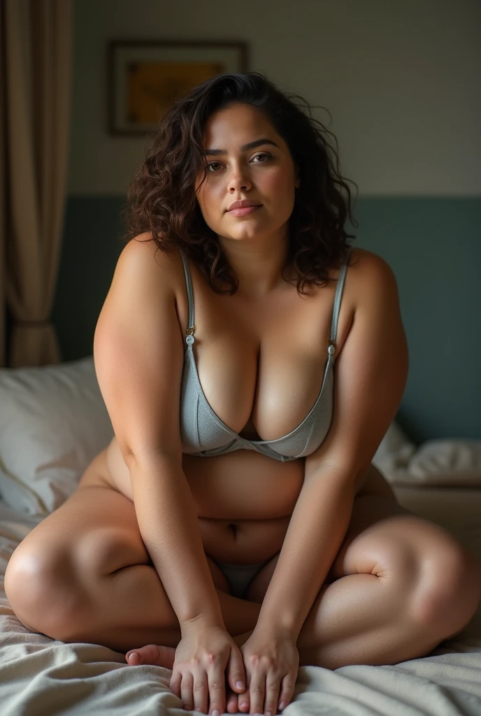 A brunette girl with curly hair and big breasts sits with her legs stretched out, taking a realistic photo