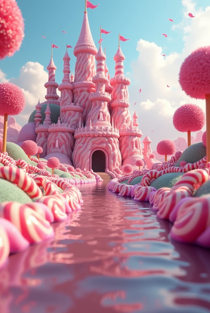(photorealism:1.2), Sweet candy kingdom. With pastel tones, a castle built with candy canes and a chocolate river