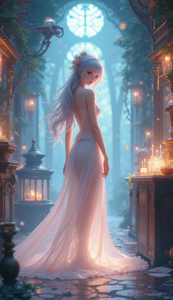 A beautiful japanese anime girl wearing a beautiful dress standing in a mystical shop. Fantasy atmosphere. Soft lighting. Anime style.