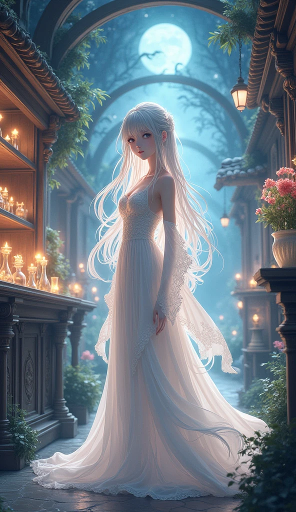 A beautiful japanese anime girl wearing a beautiful dress standing in a mystical shop. Fantasy atmosphere. Soft lighting. Anime style.