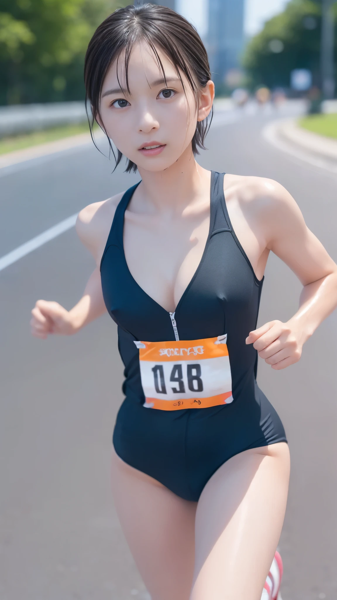 8k、Ultra-high resolution、Highest quality、masterpiece、Realistic、Ultra-high resolution、High-definition RAW color photos、Professional photos、real、photo realistic、(Always big breasts、Definitely a pretty big bust、cleavage)、Vivid lighting、Natural skin texture、Fine skin、Hyperrealism、Intricate details、Depth of written boundary、Adult women、masterpiece、Highest quality、High Detail、Eye highlights、Lip gloss、((Serious expression、((Very Short Hair))、Marathon runner、Streets of skyscrapers,Drive in the center of the road、Dark gray separate uniform for track and field athletes、redSports Bloomers、(Full body running pose):1.5))、running shoes、((running、Must-have red high leg bloomers for competitions,()Crowds along the road,Lots of runners):1.6)),(athletic female,running,Sprinting,((flat chested,small breasts,Erect nipples)),wet clothes,sweating:1.3)