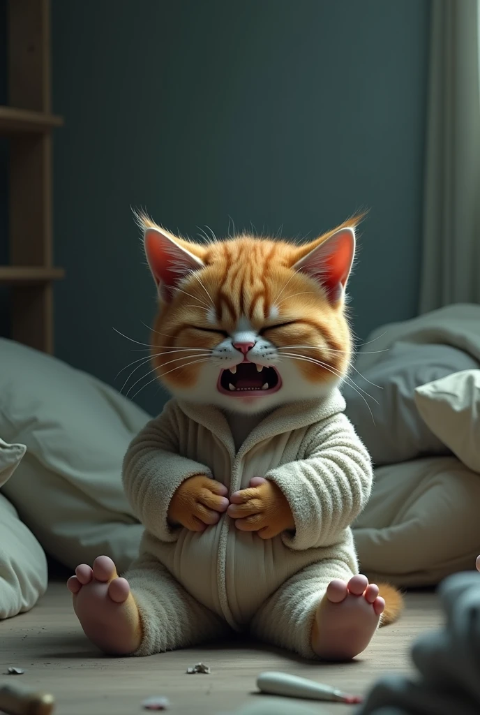"AI cat suffering from gastrointestinal problems、Sitting on the floor in fluffy loungewear。Hold your stomach with both hands、He has a pained expression on his face。His face is distorted、Looks like he&#39;s about to collapse。Background is a dimly lit room、Disheveled bedding and cushions are scattered around the cat.。An overall feeling of pain and discomfort。”
