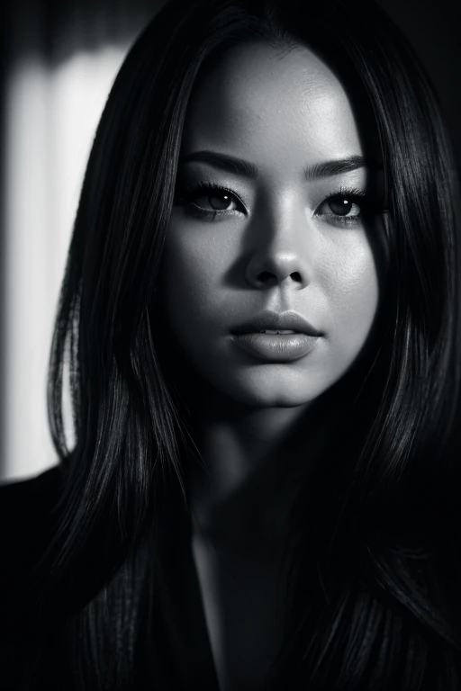malese jow, black and white portrait, detailed beautiful face, stunning eyes, full lips, elegant expression, dramatic lighting, high contrast, cinematic mood, dramatic shadows, moody atmosphere, masterpiece, (best quality,8k,highres,ultra-detailed,realistic,photo-realistic:1.37),professional photography