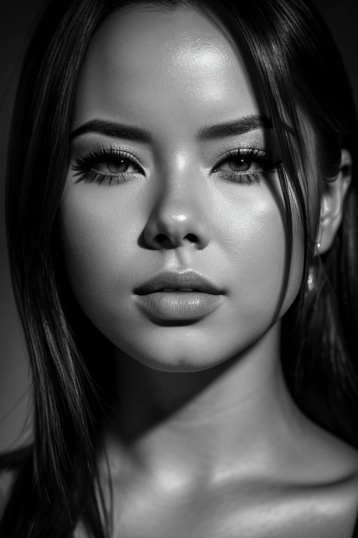 malese jow, black and white portrait, detailed beautiful face, stunning eyes, full lips, elegant expression, dramatic lighting, high contrast, cinematic mood, dramatic shadows, moody atmosphere, masterpiece, (best quality,8k,highres,ultra-detailed,realistic,photo-realistic:1.37),professional photography