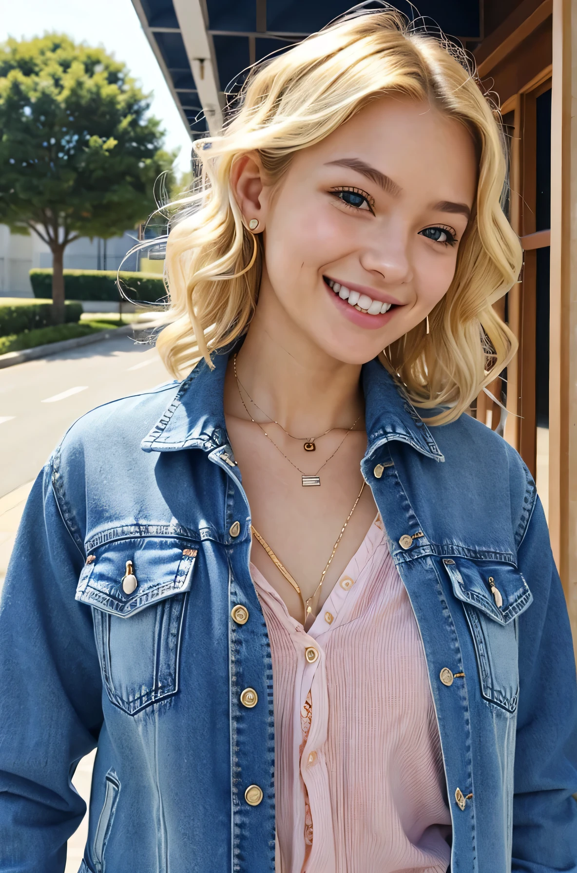One blonde girl, her hair is short and wavy,Upper Body、 smile、Beautiful teeth alignment、、Ear piercing、necklace、Denim jacket、、shirt、In the background is the entrance to the building