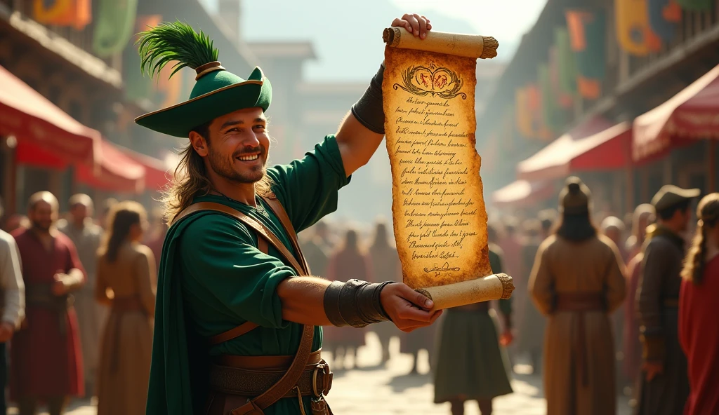 Robin hood on village holding  big text 1.000.000 Blum and congrats on the big letter in hand showing to the camera and behind people dancing and feast