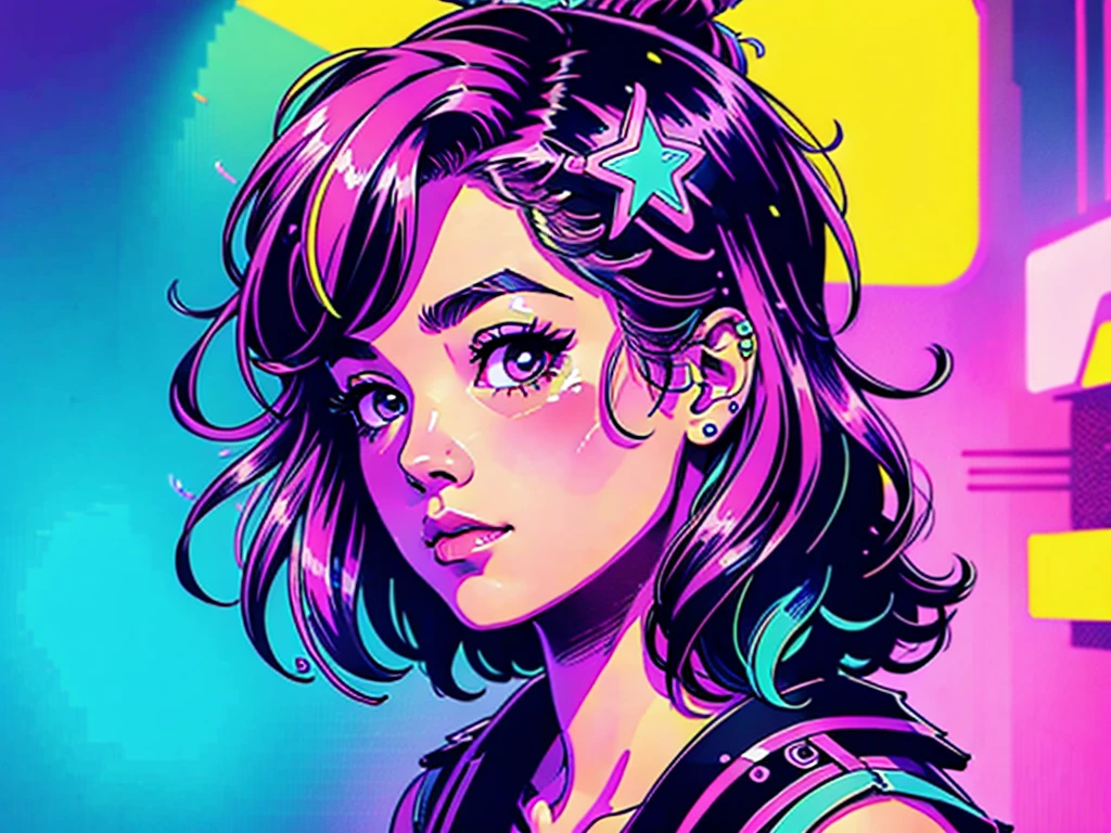 head and shoulders portrait, line drawing, neon, kawaii punk girl, beautiful