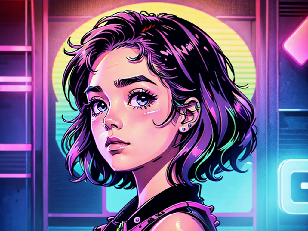 head and shoulders portrait, line drawing, neon, kawaii punk girl, beautiful