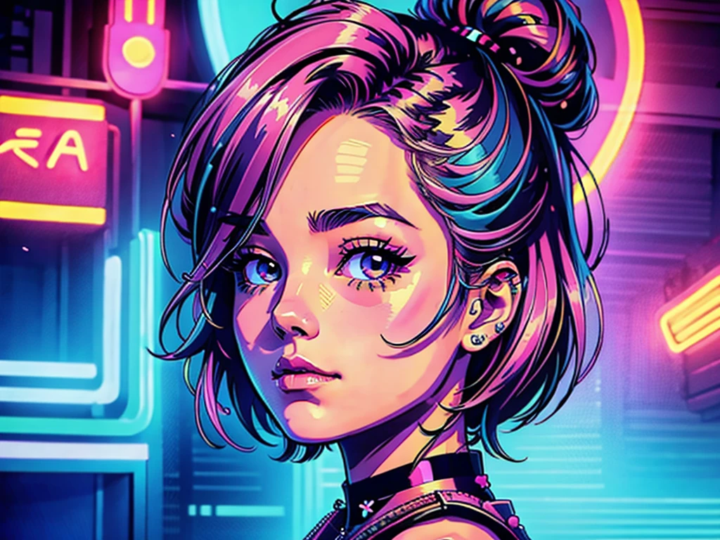 head and shoulders portrait, line drawing, neon, kawaii punk girl, beautiful