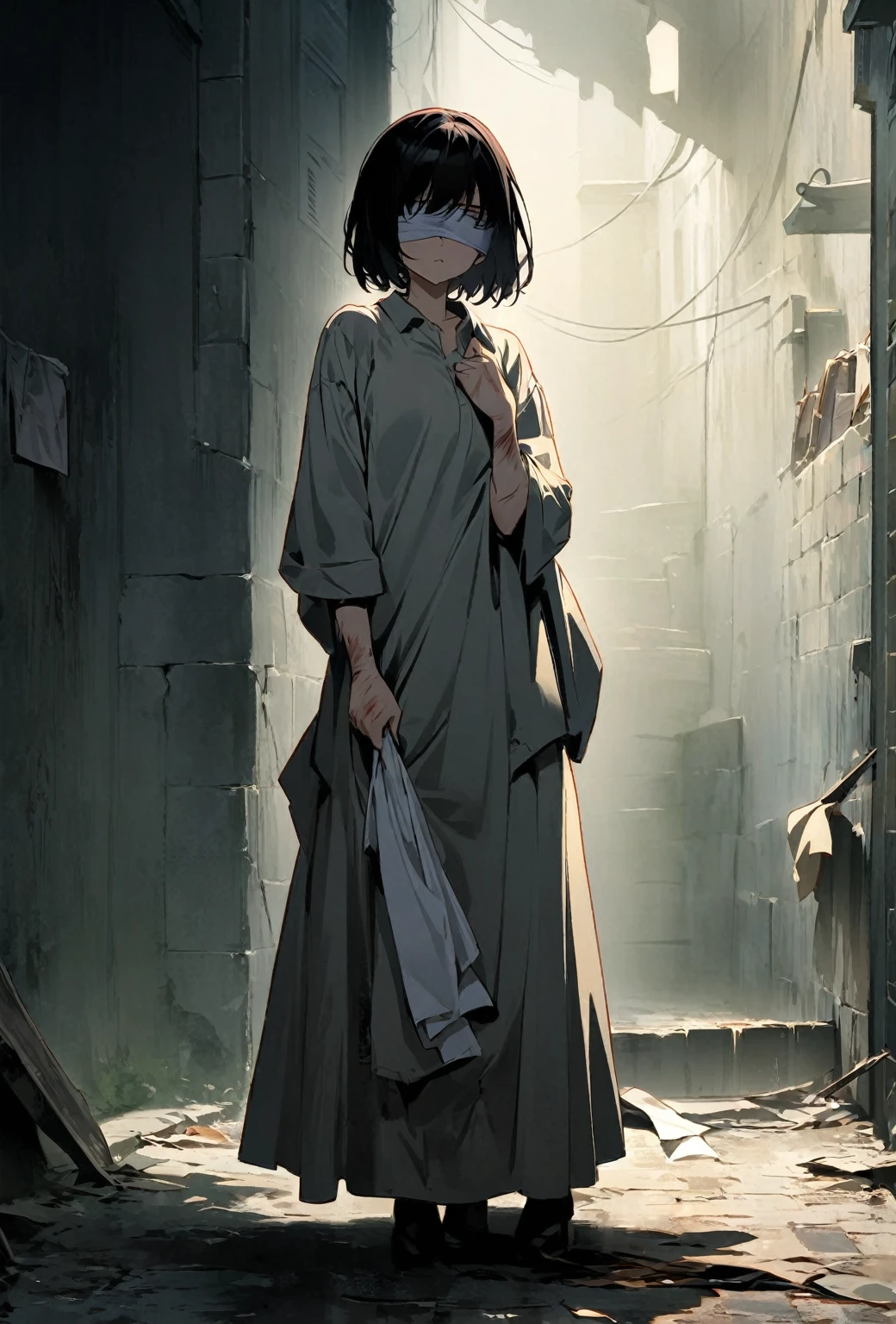 Alley, There is a girl, The eyes were blindfolded by cloth., Back against the wall,Arm injury. Her face was filled with sadness and despair... , Linen clothes, Perspective material, Knife in hand, Strike a pose, ,