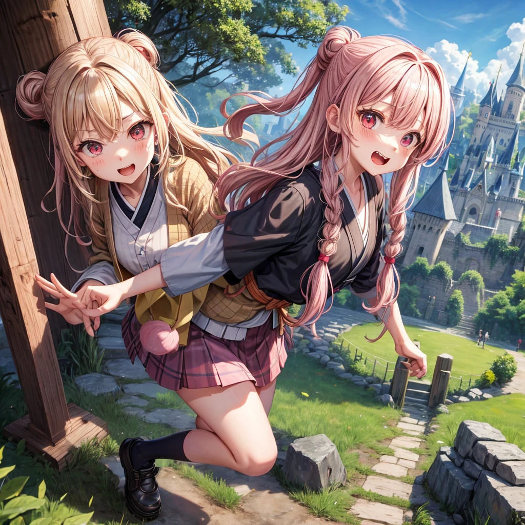 Pink Blonde、Red eyes、Wavy Hair、Hair tied up、Two cute、Checked mini skirt、black t-shirts、cardigan、kimono、Knee-high socks、Teeth are visible、Monster Castle、Tilting face、grass、Stones are growing out of the ground.、In front of the city gates、Underground tunnels、Wooden bridge、The stone is cracked、Ashura Statue、Giant wood