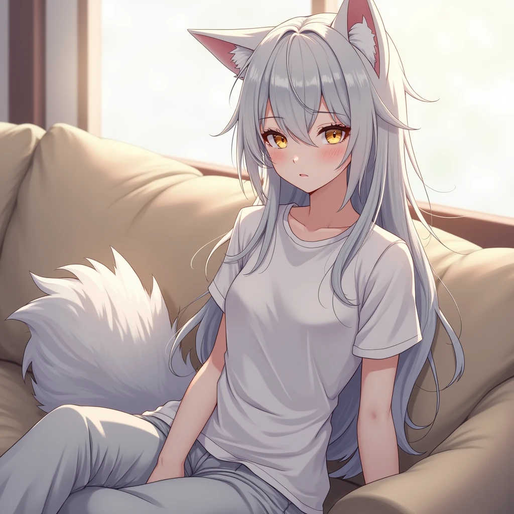 Anime, Demi-Human, Wolf, Long silver hair is a little messy, Gold eyes, white skin, wolf ears, Silver wolf tail, baggy shirt and pants, sit on the couch