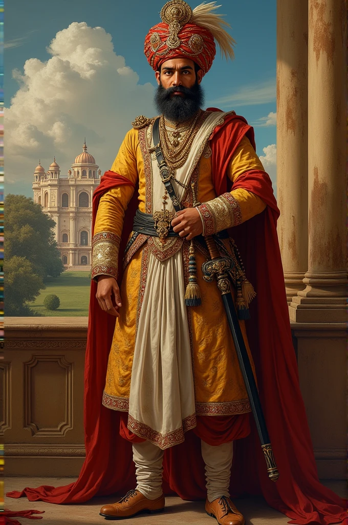 A highly detailed portrait of Tipu Sultan wearing a traditional royal outfit. He should be in a richly embroidered turban with a jewel in the center, a long flowing robe, and a sword at his side. His expression should be confident and strong, with a background depicting his palace in Mysore.