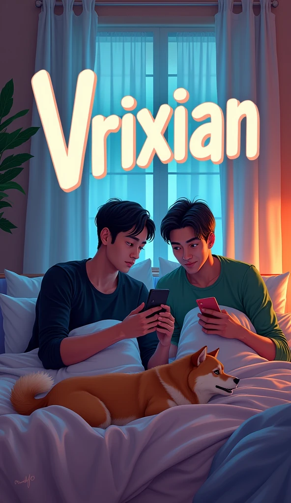 A stylized bouncy font above that says "VRIXIAN", two guy in bed one wearing black shirt, hair is black, one is wearing green long sleeve, they both looking at the phone having live stream, besides them has Shiba Inu, dynamic bedroom in a morning 