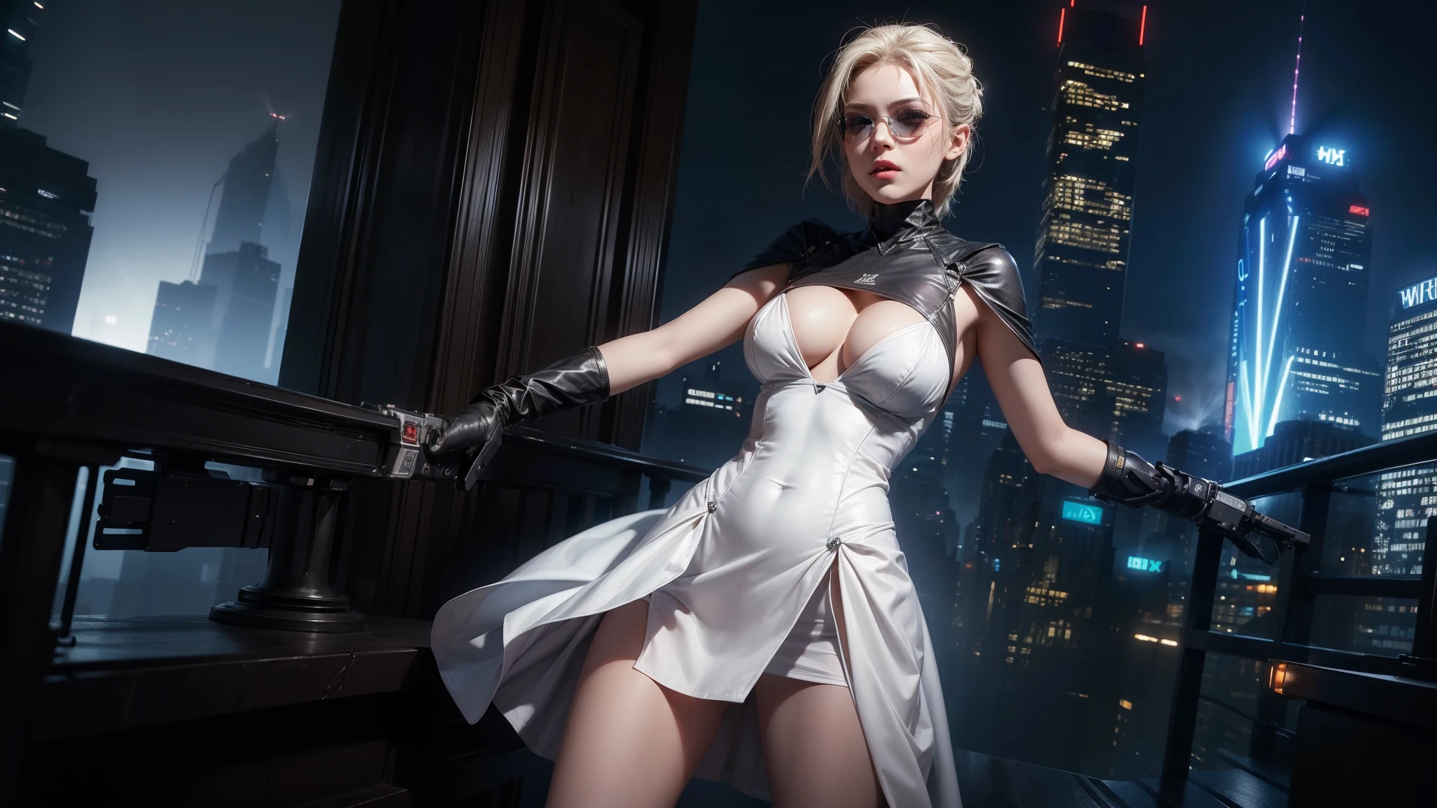 (Wide angle view). Matrix film inspired New York city, simple outlined neon tall buildings, glowing giant clock tower, year 1937 cars, lightning, 3D rendering Beeple. At night, (1girl, solo, alone), photorealistic, large-breast slim:0.6 body, oval:0.5 face, cleavage:1.1, very low angle view of sexy ethereal white dress, deep-v, ((upskirt)), glove, (Matrix style black micro sunglasses), ((aiming viewer with a short gun)), (half-body thigh level close-up shot), cinematic lighting, ray tracing.