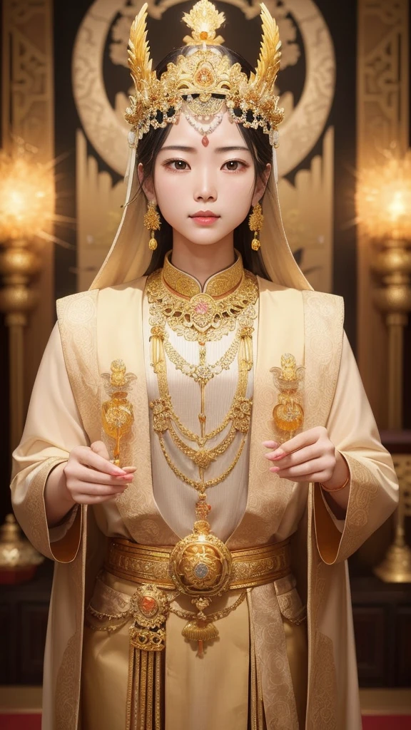 Department of China、Symmetrical、Economic fortune、crown、God、temple、Both hands hold a crystal at the chest、