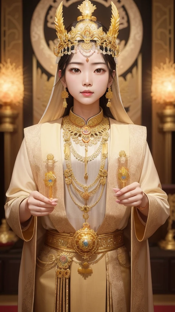 Department of China、Symmetrical、Economic fortune、crown、God、temple、Both hands hold a crystal at the chest、