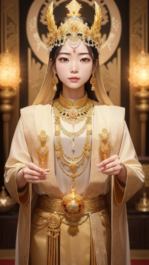 Department of China、Symmetrical、Economic fortune、crown、God、temple、Both hands hold a crystal at the chest、