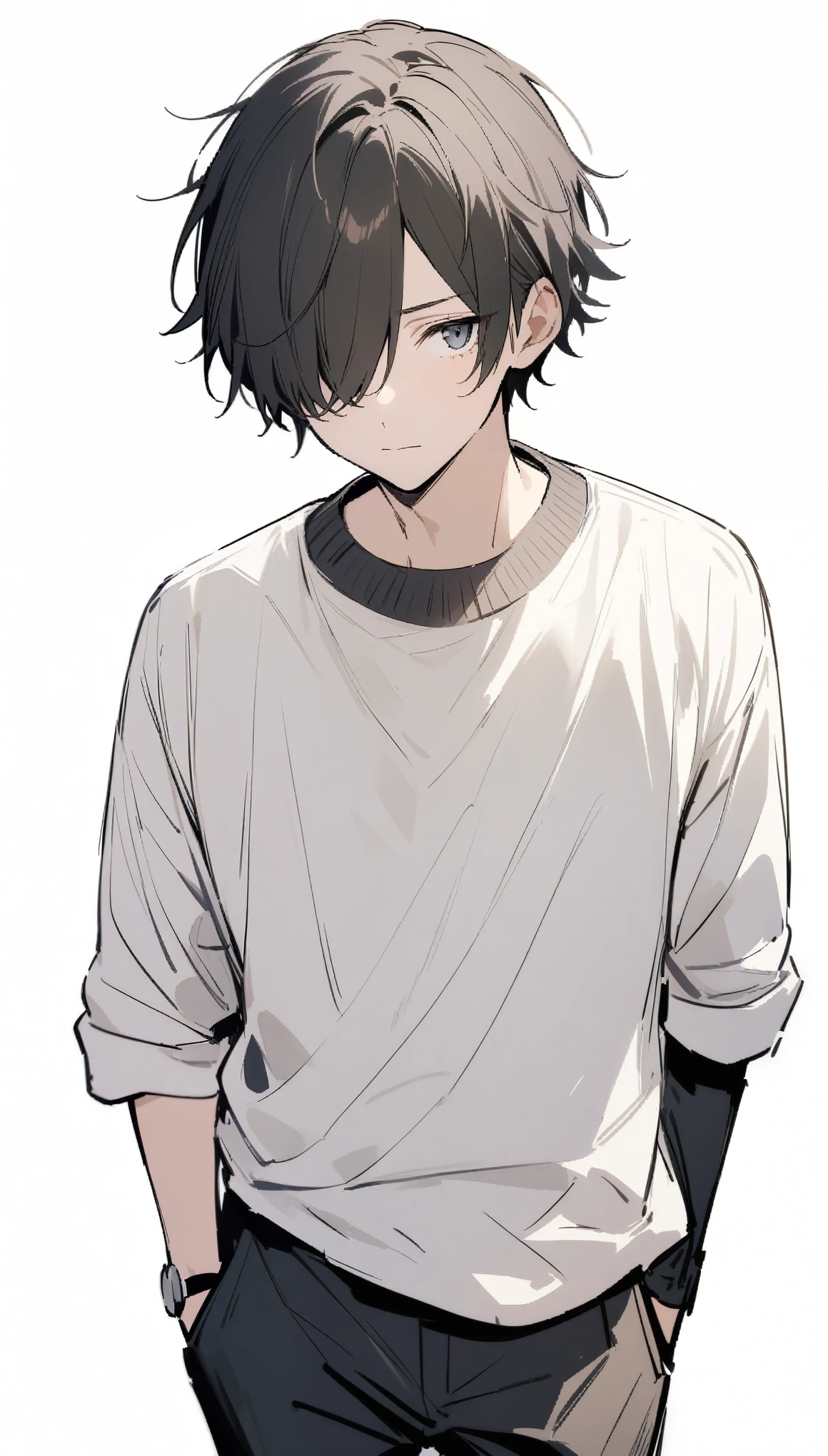{{masterpiece}}, The best quality of life,((White background)) 、good looking, alone, 1 male,hair over one eye、Short Hair、Casual Fashion、Cowboy Shot、Watching Me