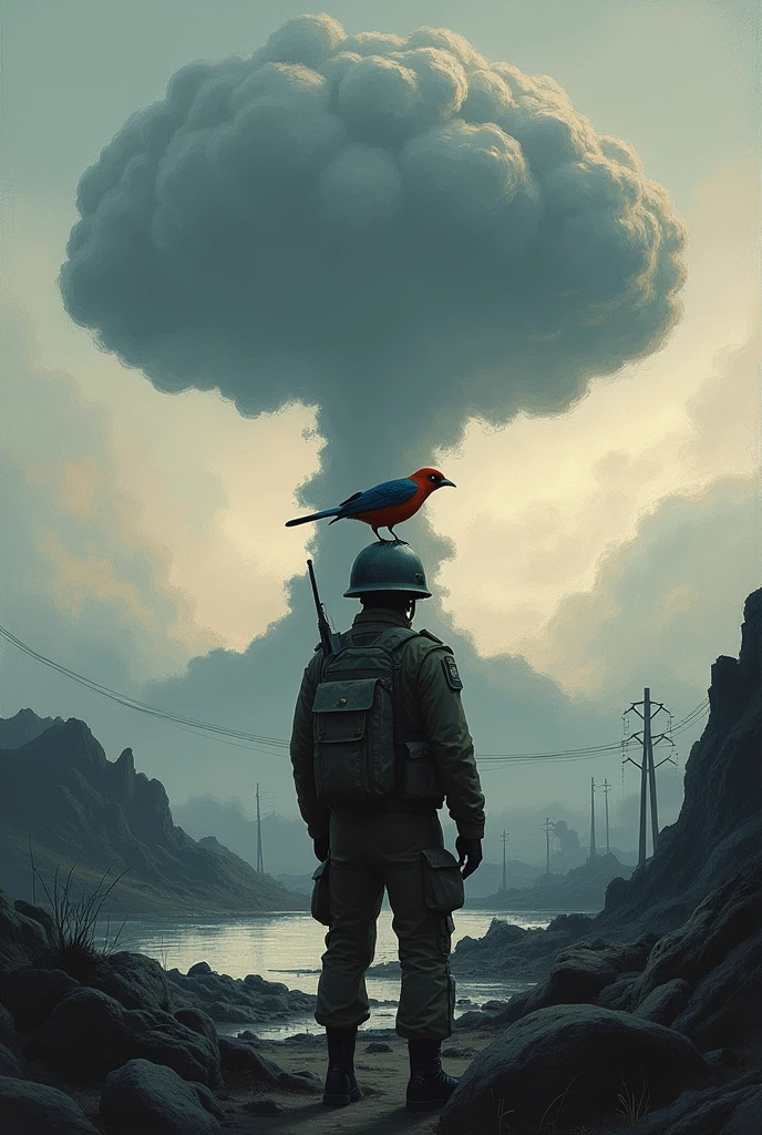 Draw the Third World War. A mushroom cloud can be seen in the air. On the head of a soldier there is a small, colorful bird. The rest of the painting is painted in black and grey tones. Draw the picture in the style of Claude Monet. 