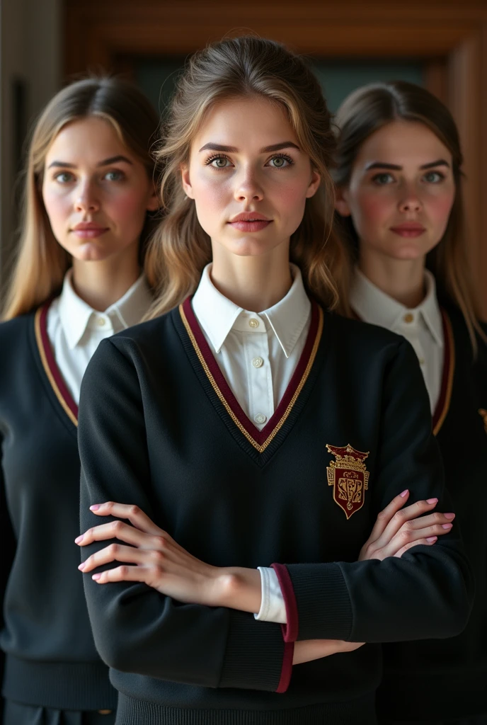 (ultra-detailed, photorealistic, best quality, 4k, 8k, highres, masterpiece:1.3), 3 araffe teenagers women, ((Cameron Diaz)), ((Nicole Kidman)), ((Charlize Theron)), ((wearing school uniform in a private school in the UK)), (intricate detail, super finely detailed hands, ultra finely detailed fingers, full body showcase, show full body).