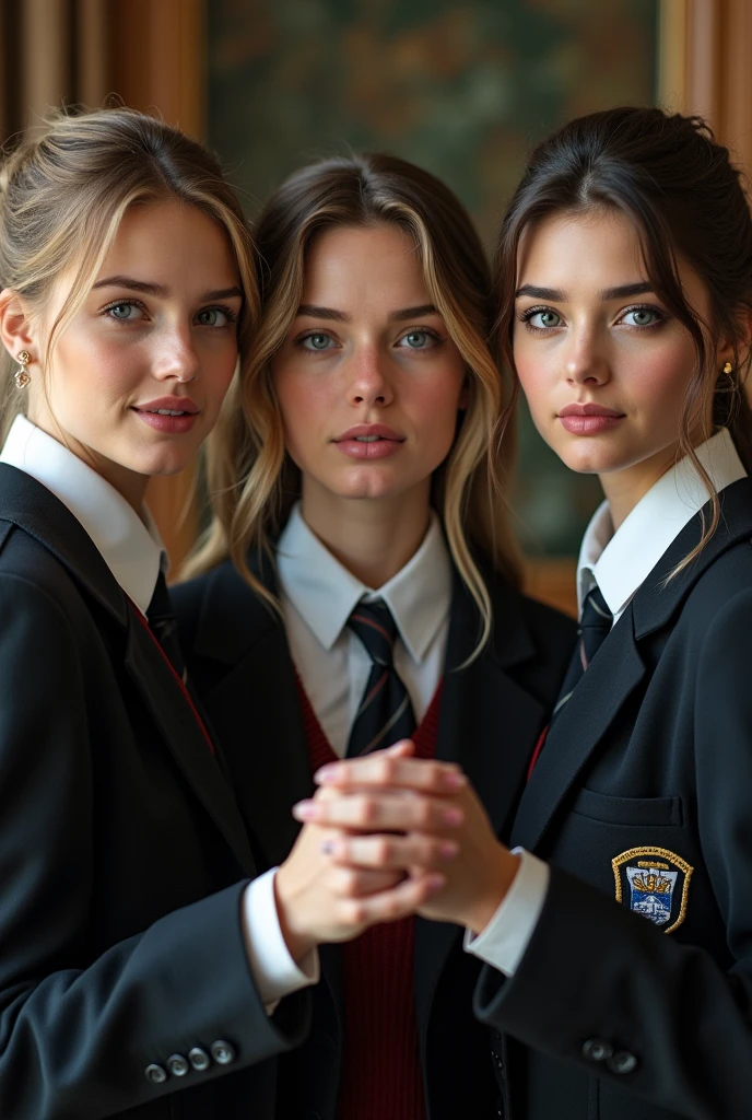(ultra-detailed, photorealistic, best quality, 4k, 8k, highres, masterpiece:1.3), 3 araffe teenagers women, ((Cameron Diaz)), ((Nicole Kidman)), ((Charlize Theron)), ((wearing school uniform in a private school in the UK)), (intricate detail, super finely detailed hands, ultra finely detailed fingers, full body showcase, show full body).