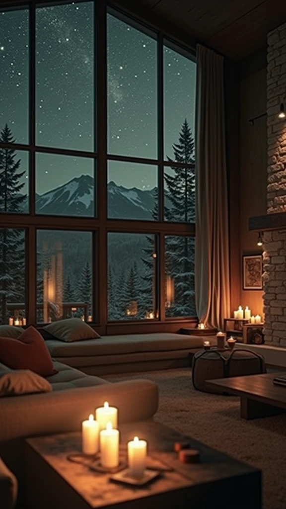 Living room in the mountains at night,You can see the trees outside the window
