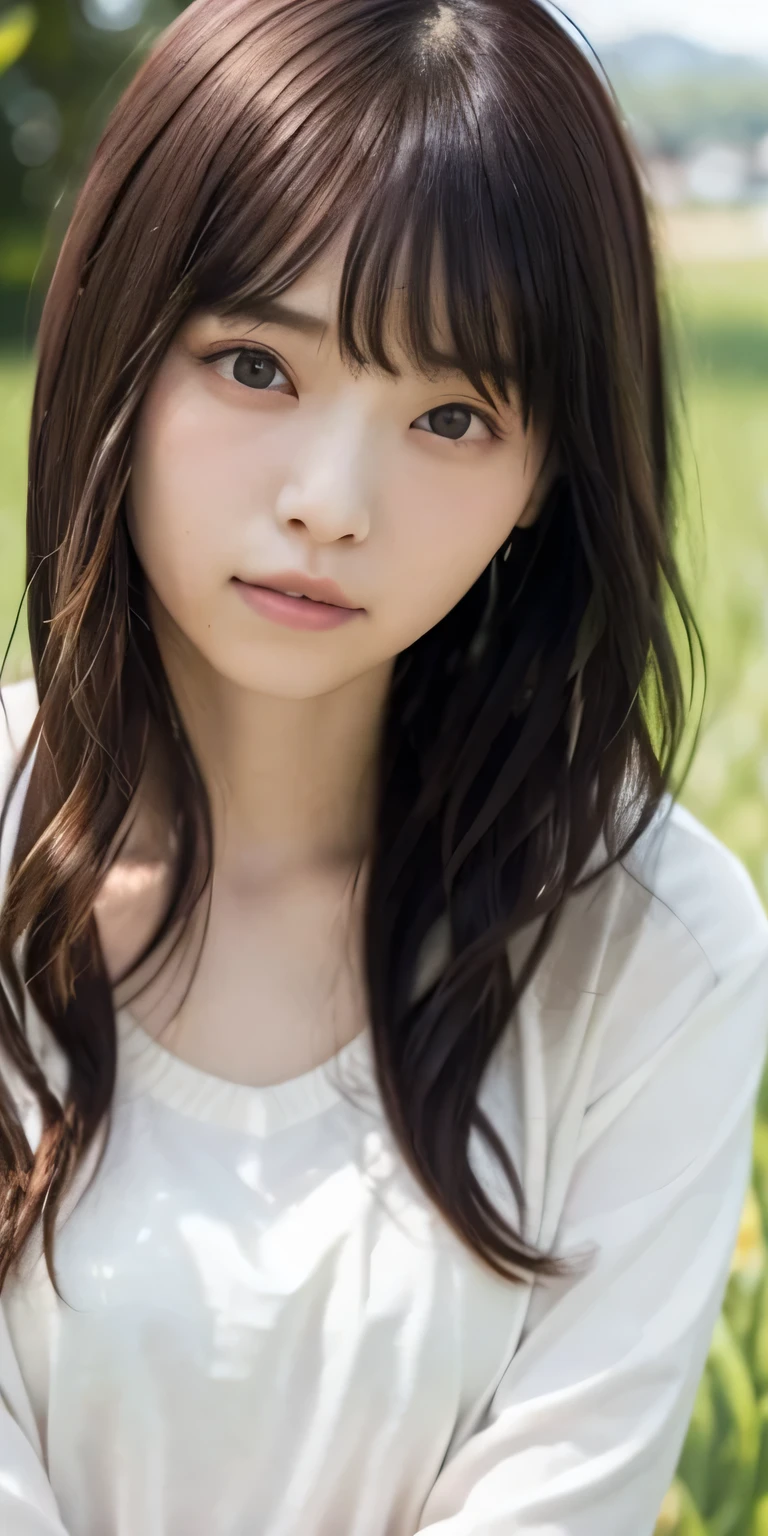 masterpiece、Highest quality, Ultra-high resolution、8k,photograph、1 girl, (Skin dents), {{Large Breasts}}, bright, Blurred Background, (Asymmetrical bangs, Please comb your hair、very long wavy hair:1.5), (Floating Hair:1.0)、(A summer knit that fits snugly around the chest)、(Vivid pastel light purple summer knit)、Saggy breasts、Heterochromia iridis、sad、grassland、Spring Sky、Soft sunlight