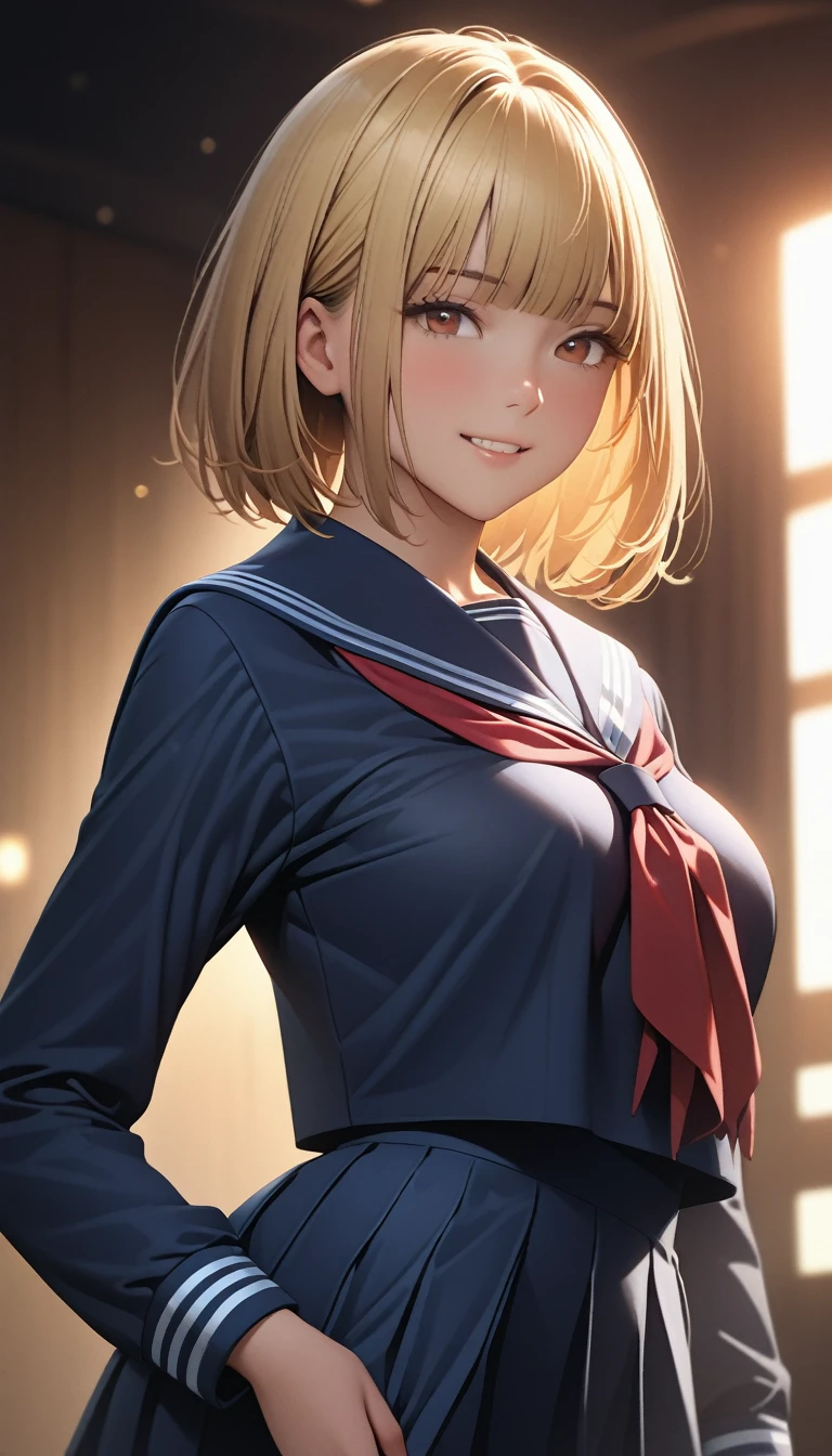 (masterpiece:1.2, Highest quality), (Realistic, photoRealistic:1.4), Beautiful illustrations, (Natural Side Lighting, Cinema Lighting), View your viewers, Cowboy Shot, Front view:0.6, 1 person, Japanese, Junior high school girl, , Perfect Face, cute and symmetrical face, Glowing Skin, (short hair, Bobcut, Blonde), Blunt bangs, Dark brown eyes, Long eyelashes, (Large Breasts:0.5), Beautiful Hair, Beautiful Face, Beautiful attention to detail, Beautiful clavicle, Beautiful body, Beautiful breasts, Beautiful thighs, Beautiful feet, Beautiful fingers, ((Detailed cloth texture, long sleeves navy cute sailor suit, Navy Pleated Skirt, Navy sailor collar, Green sailor scarf)), (Beautiful views), evening, River side, Are standing, (cute, Cute smile, Upward glance, Open your mouth),