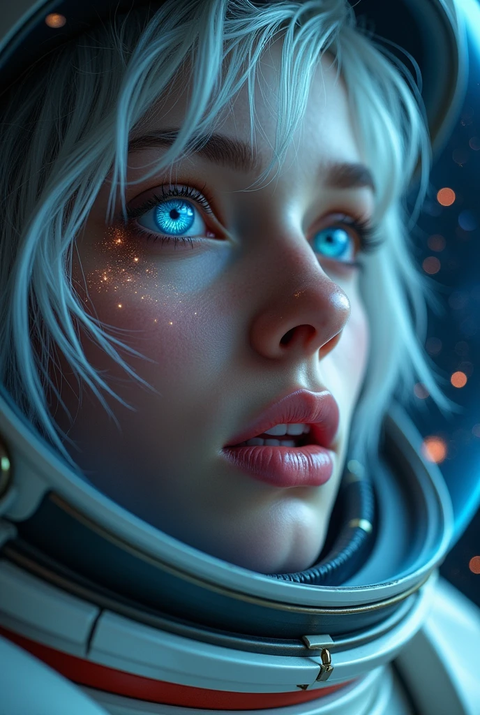 (Close-up of a better masterpiece:1.5)0.9], (Space and astronauts:1.2) (Messy silver hair:1.1) (Heterochromia xanthochromia and blue eyes:1.2) (Space Helmet:1.0) (Colored stars in the eyes:1.0) (A radiant glow:1.1) (thick lips:0.9)