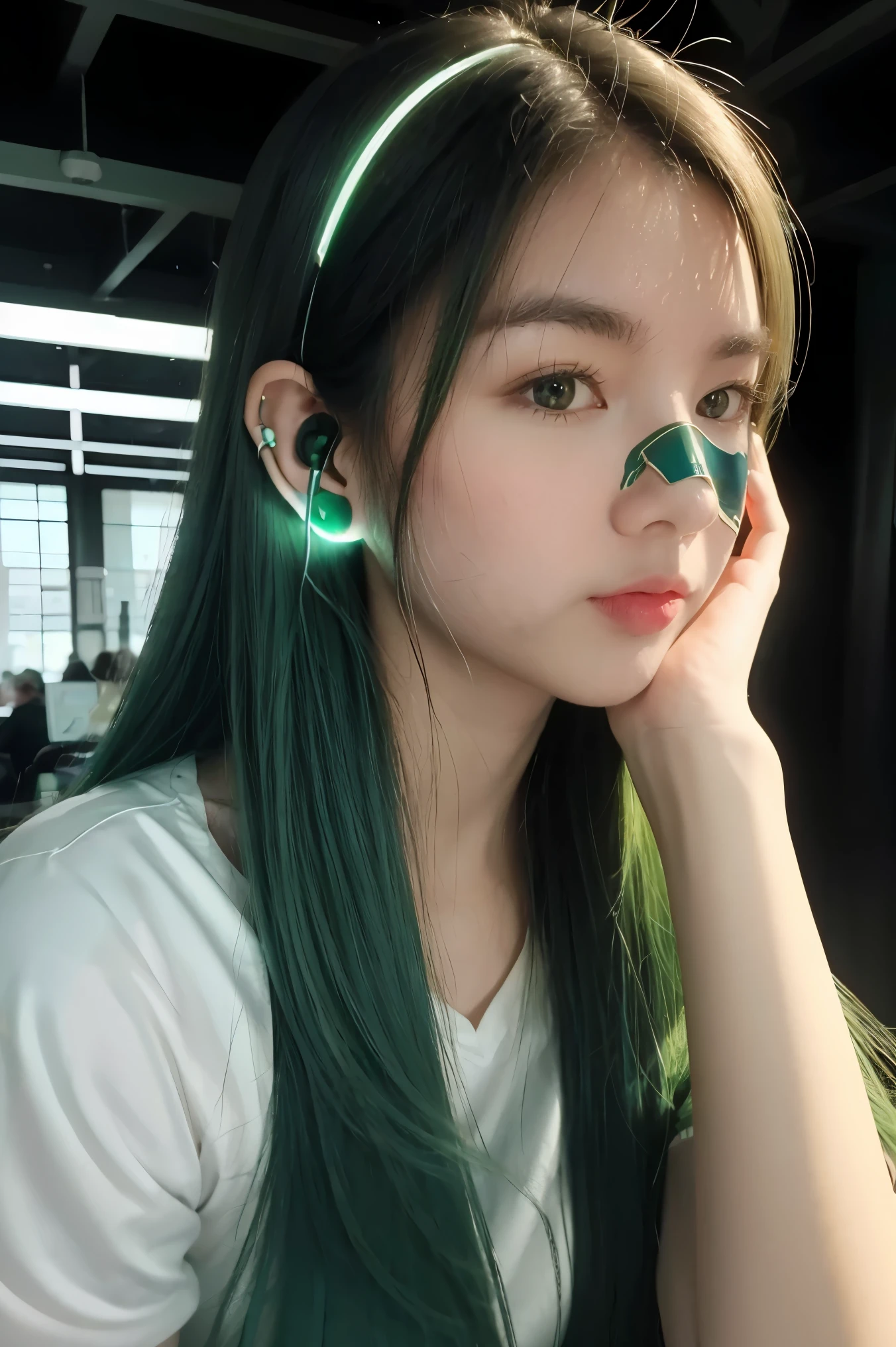 A girl with long green hair, green eyes, futuristic feeling, Mouth mask, earphones, 8ก, High quality, simple background, glowing eyes, Beautiful pose