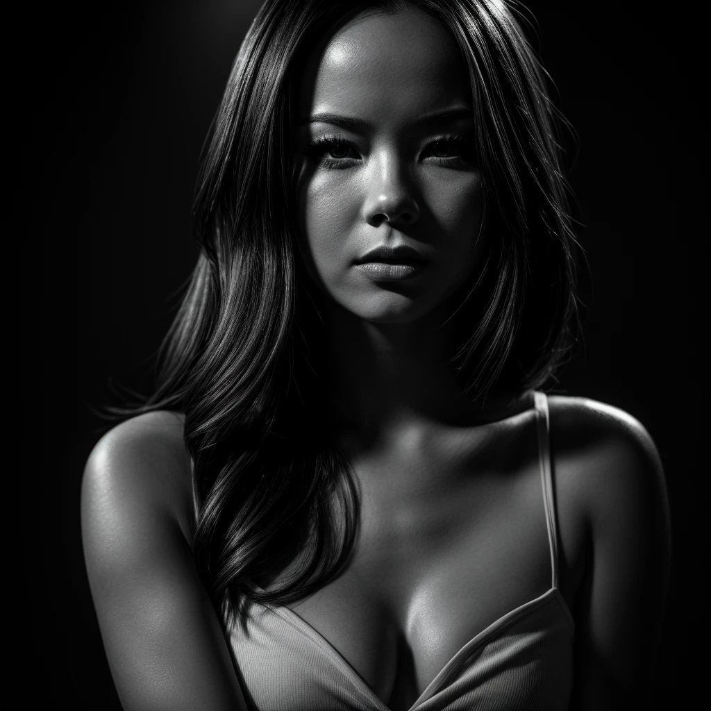 malese jow, black and white portrait, detailed beautiful face, stunning eyes, full lips, elegant expression, dramatic lighting, high contrast, cinematic mood, dramatic shadows, moody atmosphere, masterpiece, (best quality,8k,highres,ultra-detailed,realistic,photo-realistic:1.37),professional photography