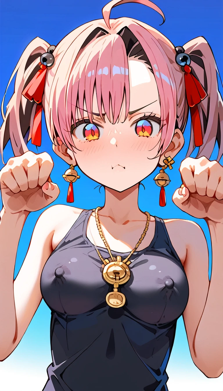 accused, breast focus, intense angle, full-body shot, 1girl, Ultra-thin black gauze tight uniform, disgust, (((bobcut))), Interlocking earring piercing, Hemispherical breasts, medium breast, nipple bulge, ((nipple tassel)), (Southern Hemisphere:1.8), Naked trench, clavicle, turnred face, short twintails, hair strand, huge ahoge, cat pose, shy, jitome, troll, POV, anime, UHD, anatomically correct, masterpiece, best quality, highres, 8k, super detail, award winning, best quality, highres, super detail, anatomically correct