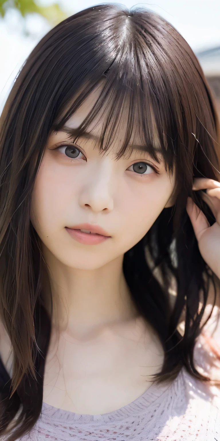 masterpiece、Highest quality, Ultra-high resolution、8k,photograph、1 girl, (Skin dents), {{Large Breasts}}, bright, Blurred Background, (Asymmetrical bangs, Please comb your hair、very long wavy hair:1.5), (Floating Hair:1.0)、(A summer knit that fits snugly around the chest)、(Vivid pastel light purple summer knit)、Saggy breasts、Heterochromia iridis、sad、grassland、Spring Sky、Soft sunlight