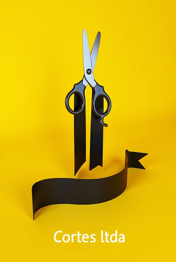 Foto perfil tiktok, yellow backdrop, open scissors, black ribbon, written in white Cortes LTDA.