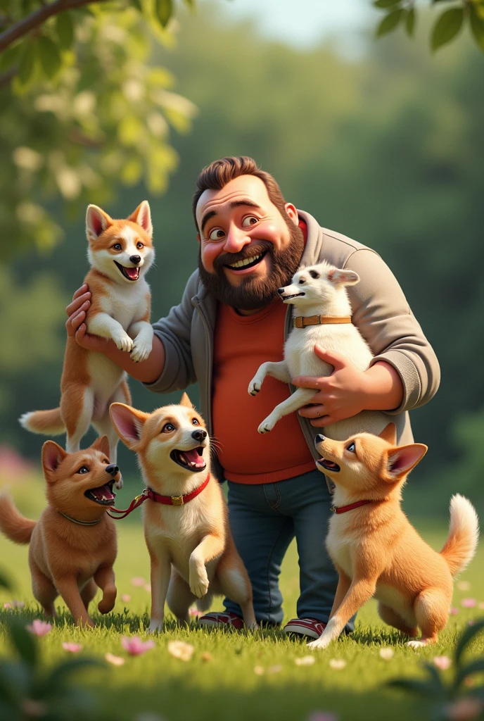 Happy  boy playing with his four dogs
