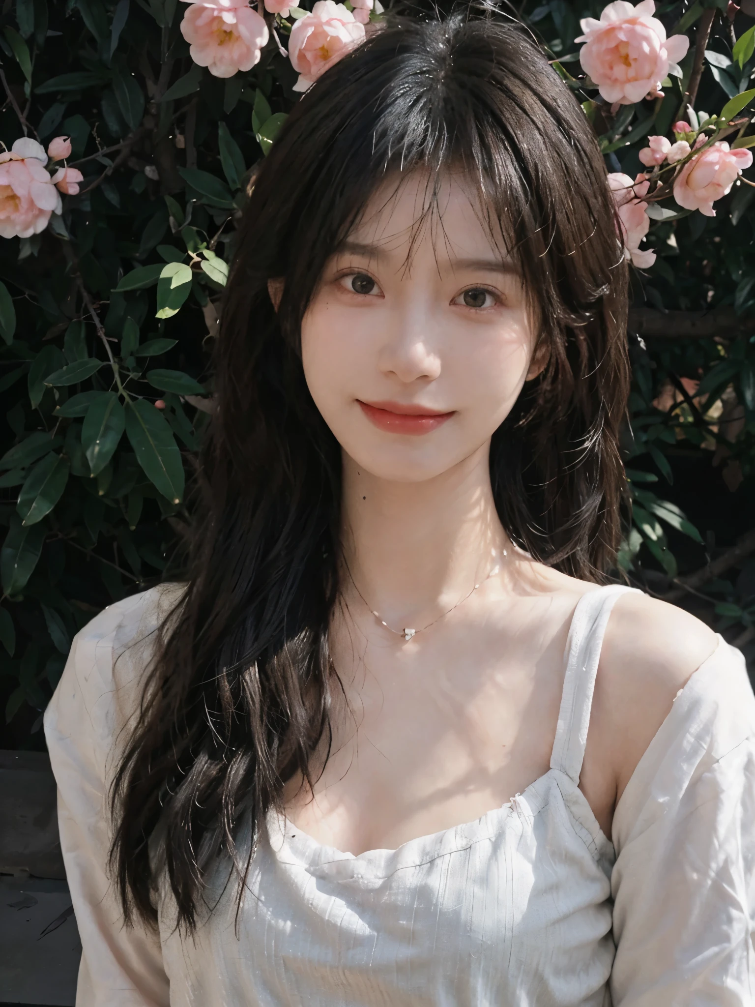 best qualtiy, Ultra-high resolution, (realisticlying:1.4),cute hairpin,Baoyu Girl,European style apartment,(flatchest:1.2) ,A pair of clear and moving peach blossom eyes,Royal Sister,sunshine on face,Big waves,(ln the forest:1.4),(choker necklace:1.2),(Fair skin:1.4),a sense of atmosphere,a beauty girl, ssmile,head straight-looking at viewer, closeup cleavage ,(Photorealistic:1.4),1girll,sexly,(Upper body:1.4),(Wet body),(:1.2)