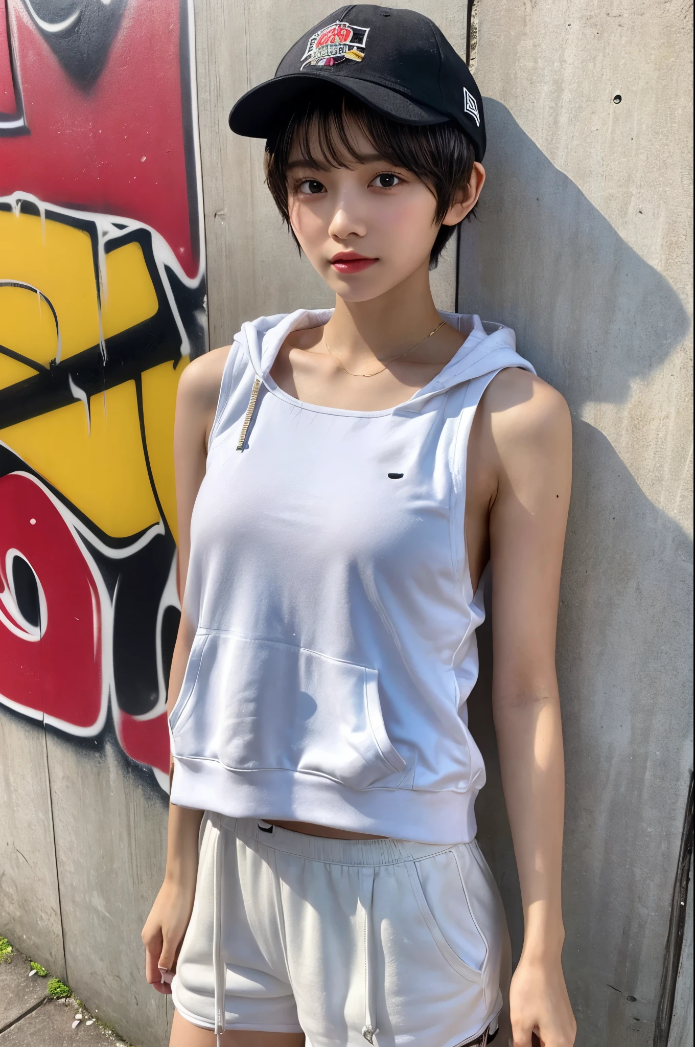 masterpiece, Highest quality, Very detailed, 8k, Realistic, One Girl, alone, Tomboy, Very detailed face, (head shot:1.5), Standing in front of a wall covered in hip hop graffiti, Pixie cut white hair, He is wearing a short tank top and an open-zipped hoodie....,I can see your chest,Nice ass,Wear a New Era cap, Off the shoulder