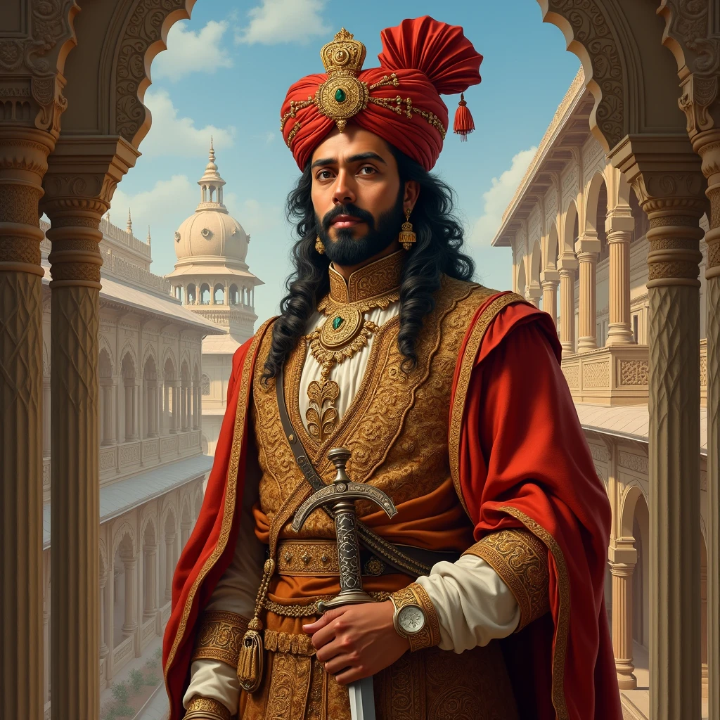 A highly detailed portrait of Tipu Sultan wearing a traditional royal outfit. He should be in a richly embroidered turban with a jewel in the center, a long flowing robe, and a sword at his side. His expression should be confident and strong, with a background depicting his palace in Mysore.