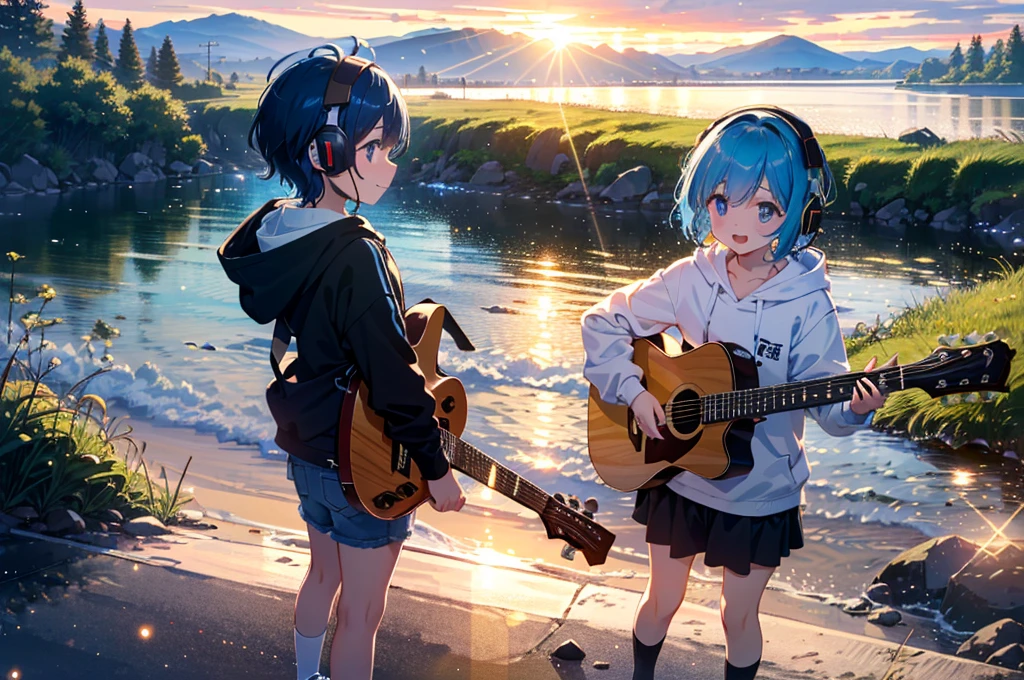 Absurd, High resolution,
relax time, Fantastical light particles, Lens flare,A big smile、Blue Hair、（Red headphones:1.4）、（White hoodie:1.2)、Playing guitar、Top view、(Shooting from a distance:1.2)、The river bank where the setting sun shines、One black cat、