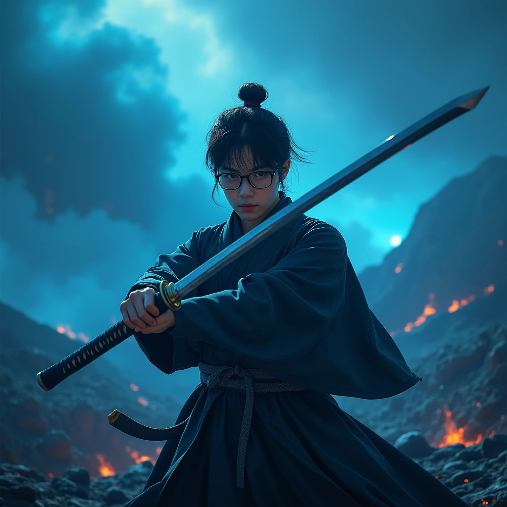Create a character anime, {{background: text: “GLBK”, darkness blue vulcano}},
realistic, HDR, use glasses, handsome, korean style, full body, use katana, age 20, outfit text name: “PRAS”