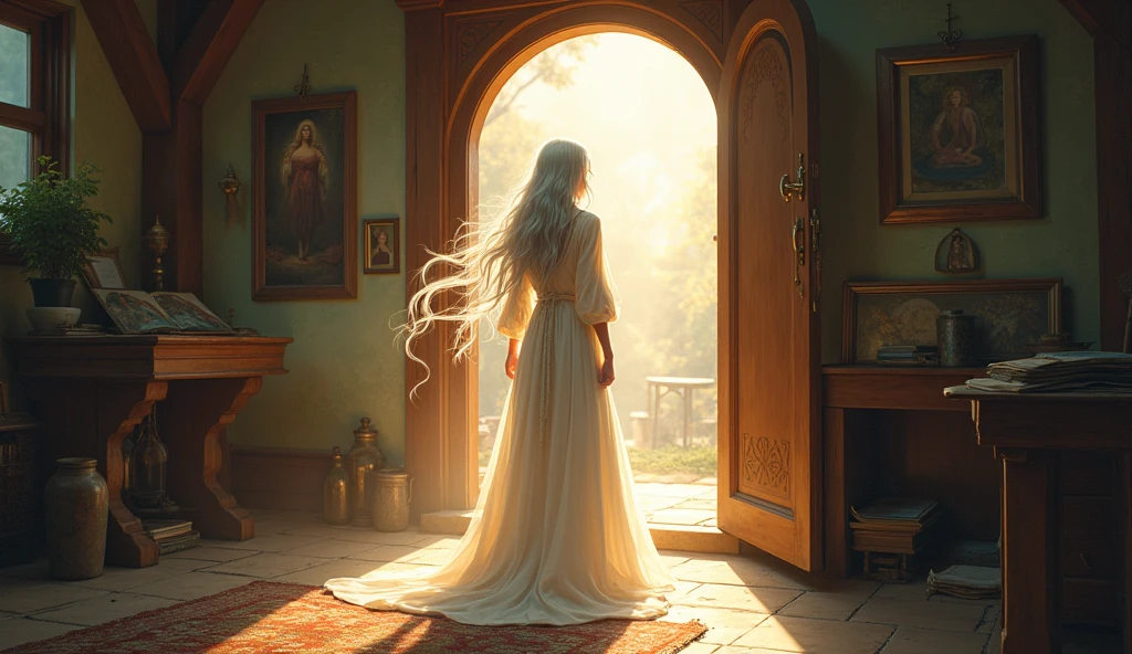 Background: The entrance of Leena's studio, with the door slightly open, allowing a gentle breeze and light to flow in. The studio still has its warm, cluttered feel, with paintings visible in the background. The light from outside creates a soft, mystical glow around the doorway.
Style: Similar soft, illustrative style with a hint of mysticism, using warm and glowing colors to create a sense of wonder and intrigue. The focus is on the interplay of light and shadows to highlight Mira’s mysterious entrance.
Character: Mira, an elegant woman with flowing silver hair and a shimmering robe, standing at the studio door. Her robe appears to catch and reflect light, giving her an almost otherworldly presence. She has a calm, knowing expression, and her posture exudes grace and mystery
