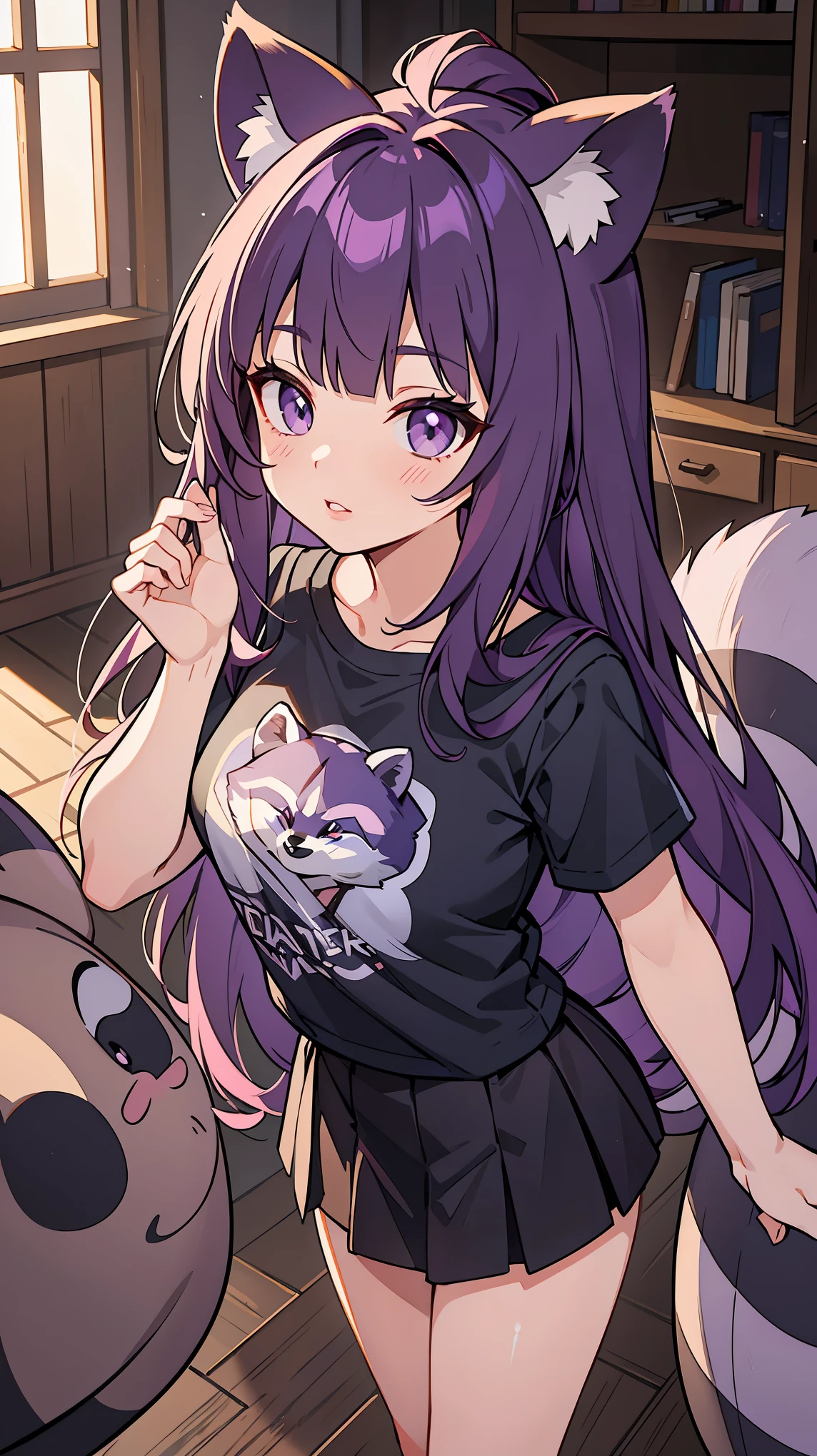 1,,triangular face,light purple eyes,long purple hair,Raccoon ears,Raccoon tail,lips,shiny hair,standing,home,short skirt,t-shirt,high resolution,high detail,very detailed