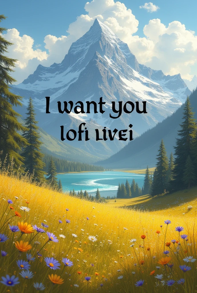 Create a text that says,
I WANT YOU INFINITELY <3 VINNIEL
It should have a background of beautiful yellow meadow and a snow tipped mountain with a water from should be to the far distance. And the text should be written in medieval font.