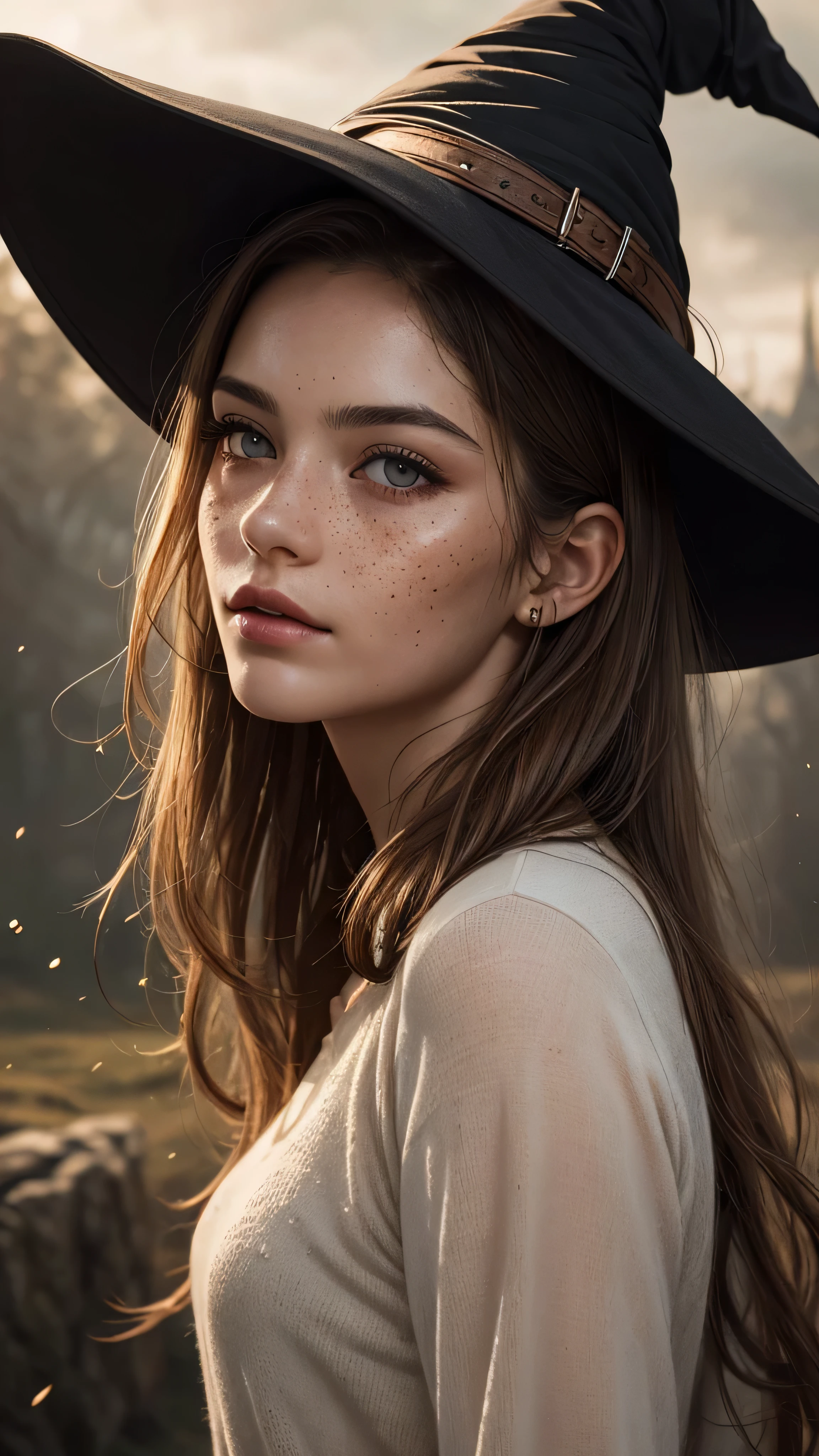 photorealistic, 35mm, intricate details, hdr, intricate details, hyperdetailed, natural skin texture, hyperrealism, sharp, 1 girl, adult (elven:0.7) woman, freckles, grey eyes, chestnut layered hair, portrait, looking down, solo, half shot, detailed background, witch hat, witch, magical atmosphere, hair flowing in the wind, red trimmed light colored clothes, whirlwind of swirling magic spell in the air, dark magic, (style-swirlmagic:0.8), floating particles,