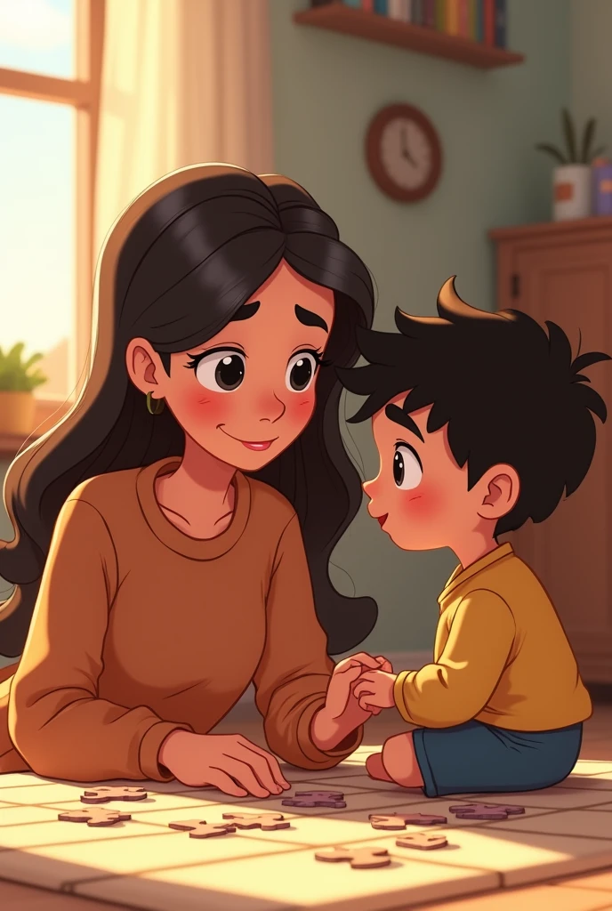 The mother kneels beside Ali, holding a puzzle piece in her hand. She looks at him with a calm and encouraging expression. Ali looks up at her, listening attentively, his frustration beginning to fade. Animated cartoon characters 