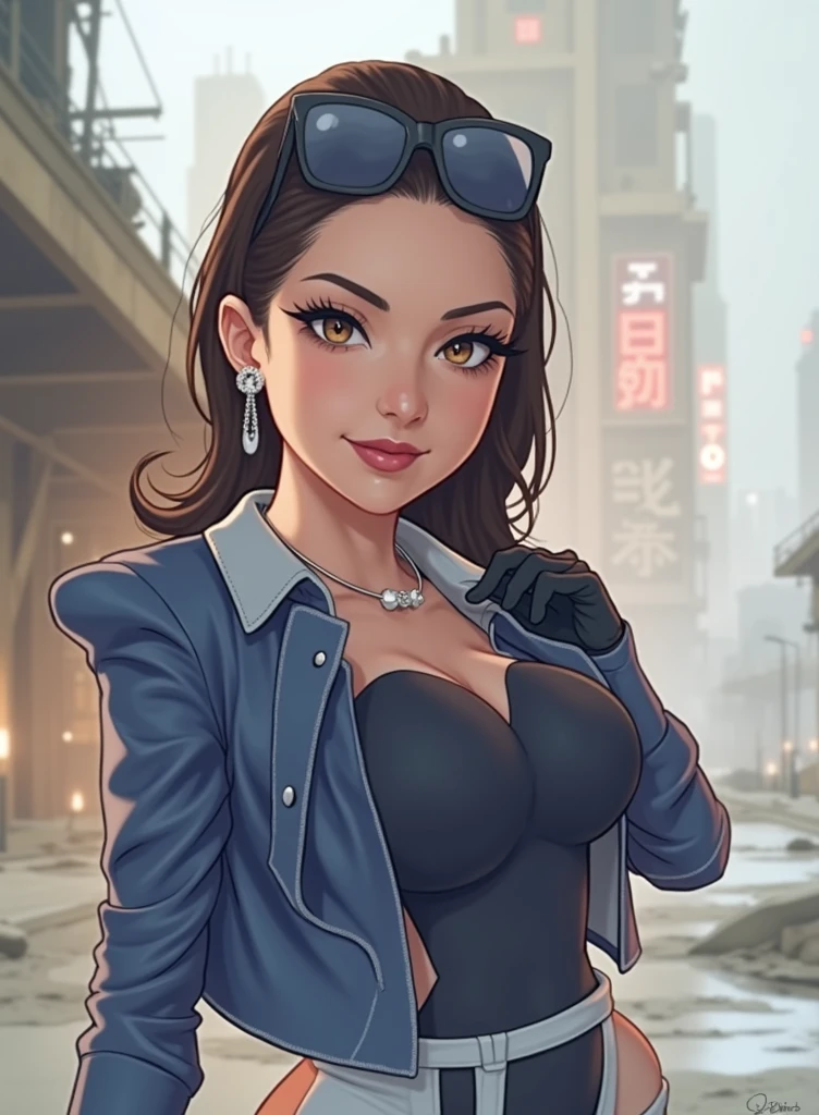masterpiece, best quality, dnfSpectre, earrings, cleavage, black jacket, black leotard, pantyhose, black gloves, upper body, looking at viewer, sunglasses, smirk, night, ruined city, huge breasts, hand on own arm 